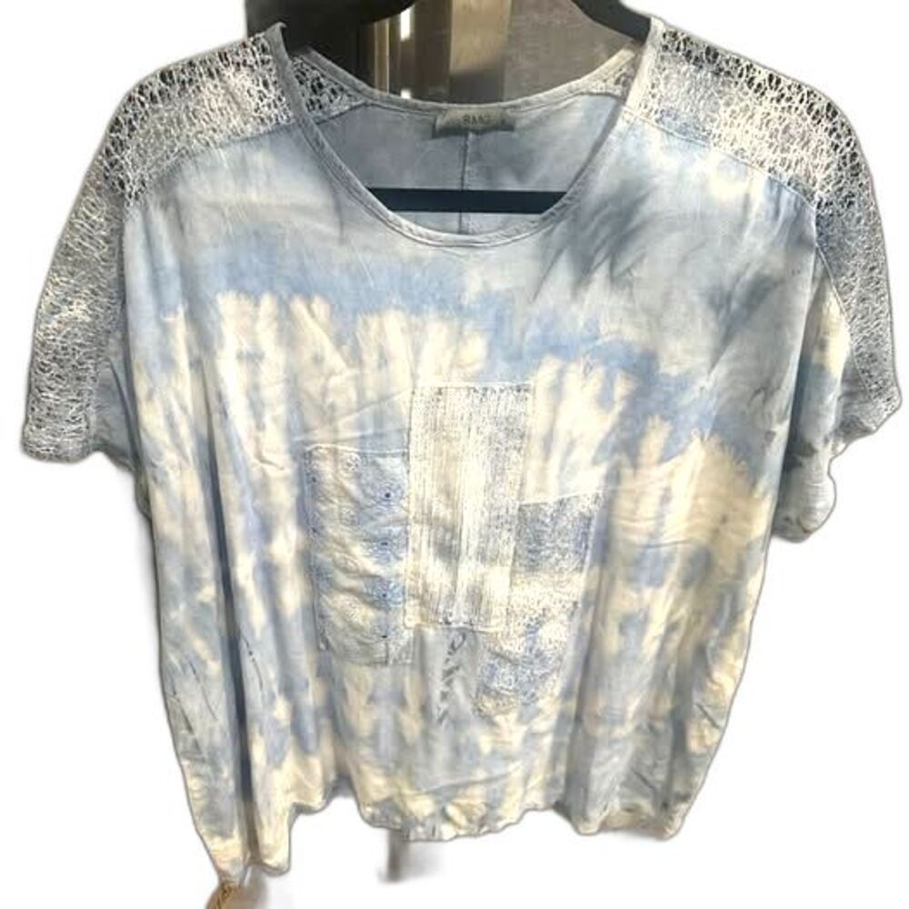 Tie-dye blue blouse with embroidery and lace and sequence